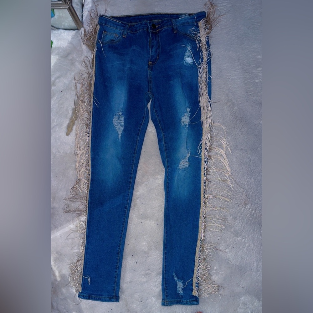 Distressed Blue Fringe Jeans